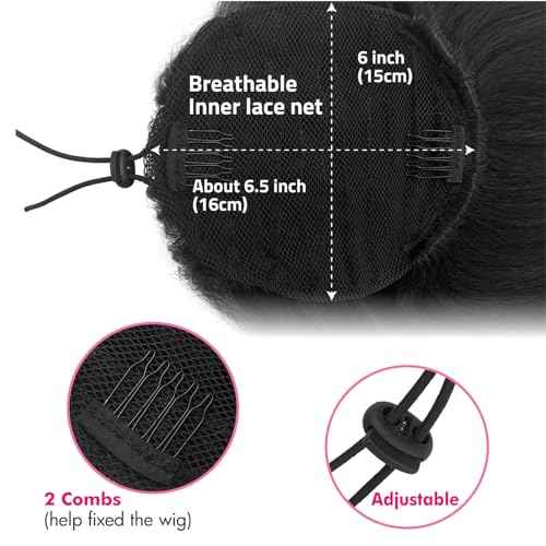 Flick Ponytail Extension 14 inch Yaki Straight Drawstring Ponytail for Black Women Shoulder Length Natural Black Synthetic Kinky Straight Hair Pony Tail with Tail Warping(1B)