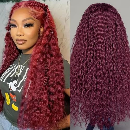 Estilar 99j Burgundy Lace Front Wigs Human Hair 13x6 Deep Wave Lace Front Wigs Human Hair Pre Plucked 200 Density HD Transparent Wet and Wavy Red Color 18 Inch