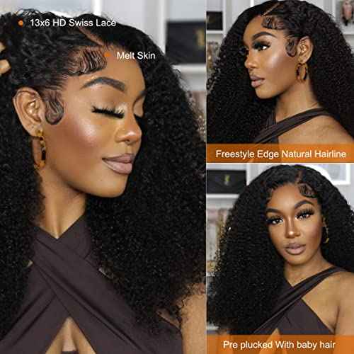 13x6 Kinky Curly Lace Front Wigs for Women Afro Kinky Curly Glueless Human Hair Wigs 180% Density Pre Plucked With Baby Hair HD Transparent 14Inch Kinky Curly Wigs