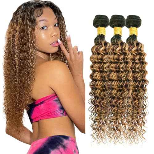 Honey Brown Human Hair Bundles P4/27 Deep Wave Bundles 18 20 22 inch LadrXadr Ombre Highlight Human Hair Bundle 3 Tone 300g