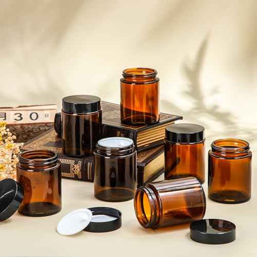 Domensi 48 Pcs 6oz Glass Jars with Lids Leakproof Round Airtight Empty Cosmetic Jars with Inner Liners Lid for Storing Lotions Spices Ointments Candle Making Food Storage (Amber)