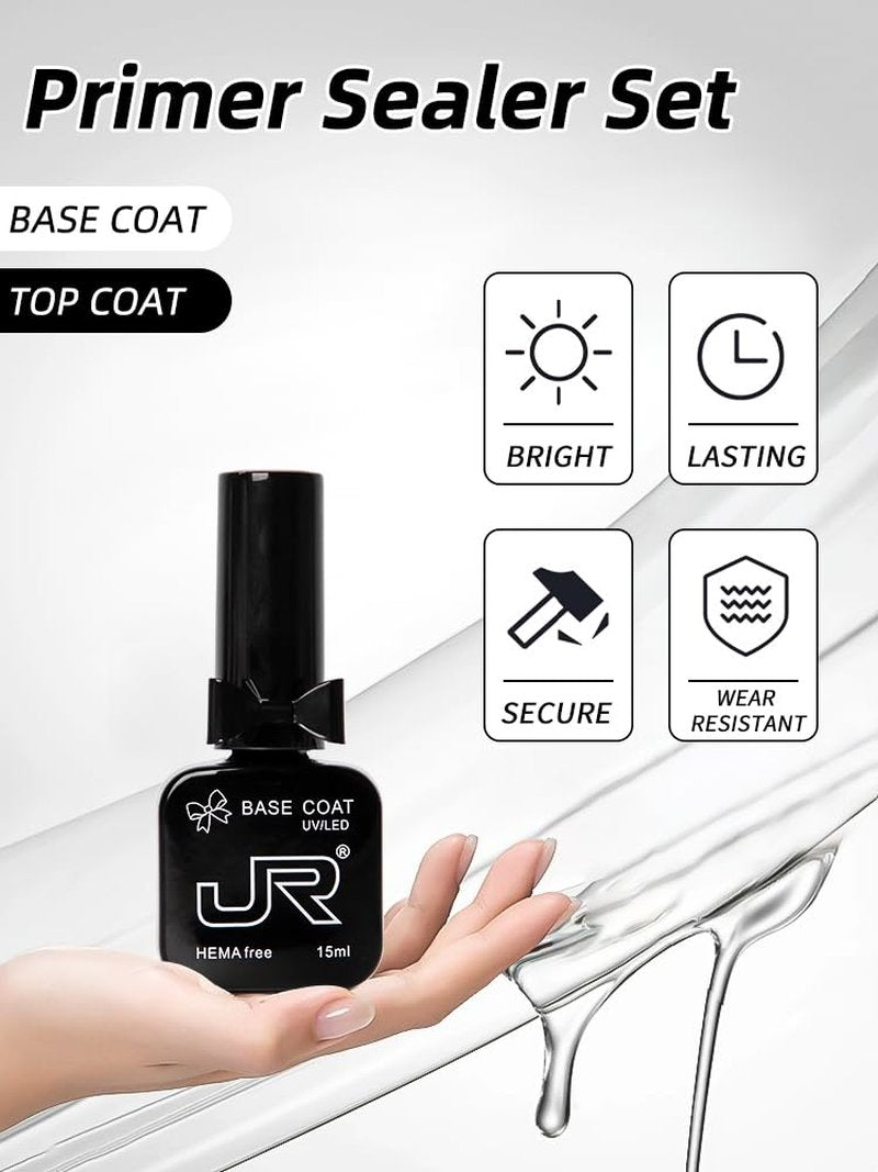JR No Wipe Gel Top & Base Coat Set - 15ML Long Lasting Formula for High Gloss Nail Art