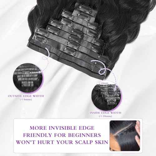 Seamless Body Wave Clip Ins Human Hair Extensions Invisible Weft Clip In Hair Extensions Real Human Hair 24Inch 8Pcs PU Clip ins Remy Hair for Women 18Clips 120g Natural Black