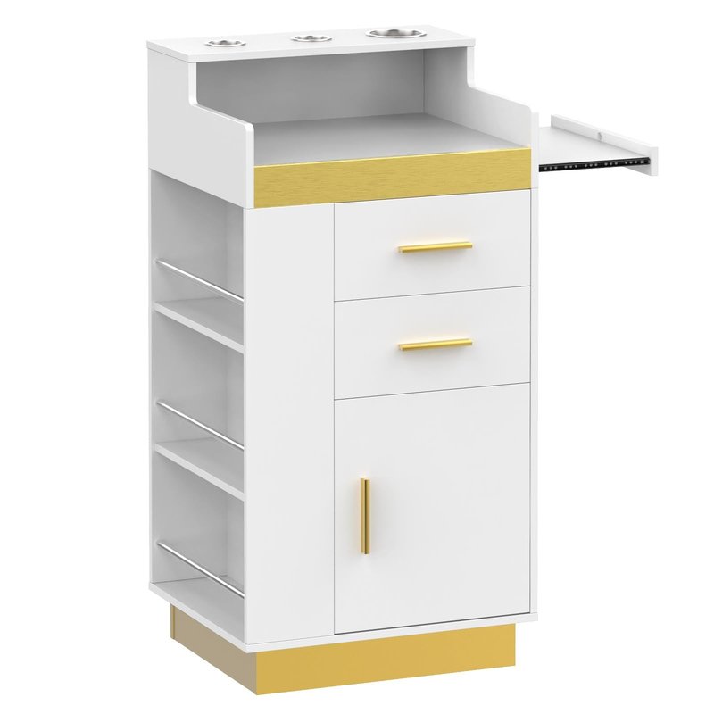 Oakvera Salon Station for Hair Stylist, Barber Station Salon Storage Systems with 3 Hot Tools Holders, a Tray, a Large Storage Cabinet & 2 Drawers for Barbershop, Beauty & Nail Salon, White