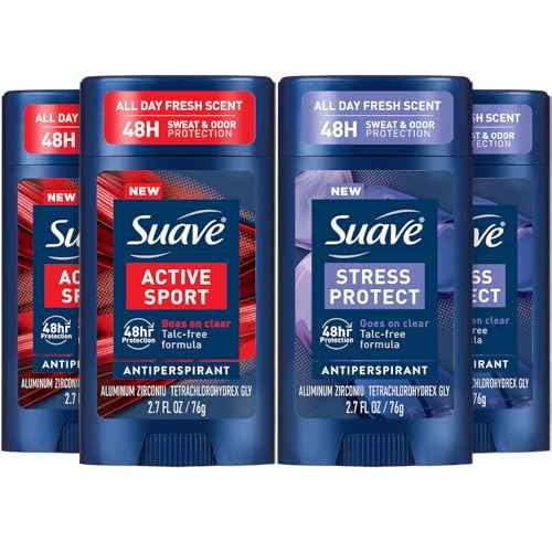Suave Antiperspirant Deodorant for Men Variety 4-Pack ? Active Sport, Bergamot & Wood + Stress Protect, Lavender & Cedarwood, 48H Sweat & Odor Protection, 2.7 Oz Ea