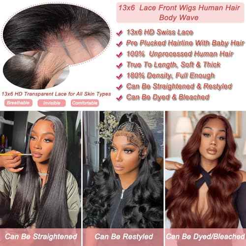 22 Inch Body Wave Lace Front Wigs Human Hair Pre Plucked 180% Density 13x6 Transparent HD Lace Front Wigs for Black Women Glueless Lace Frontal Wigs Natural Black Human Hair Wig