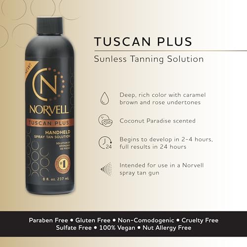 Norvell Tuscan Plus Spray Tan Solution 8 fl oz ? Professional Sunless Tanning Formula with Caramel Brown & Rose Colors, Instant Natural Color, Long Lasting, Streak Free Results