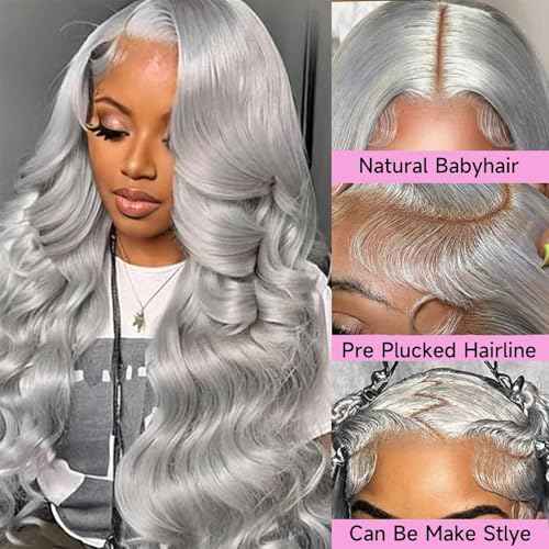 13x6 Grey Lace Front Wigs Human Hair Pre Plucked with Baby Hair 180 Density Glueless HD Transparent Lace Frontal Body Wave Wigs Human Hair for Black Women Silver Grey Colored Wig 22 Inch