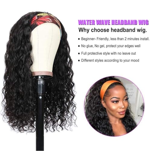 Long Headband Wig Human Hair Water Wave Headband Wigs for Women Curly Wigs Glueless No Lace Front Wig Brazilian Virgin Human Hair 180% Density Natural Black 24 Inch