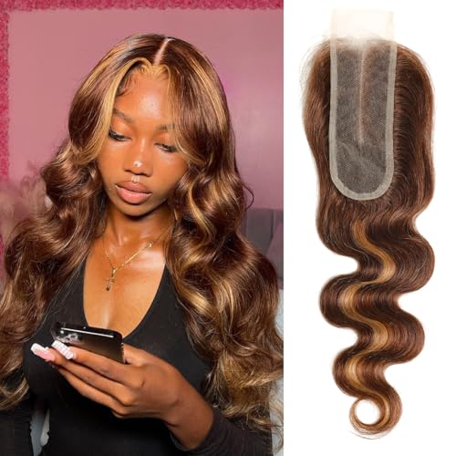 ALHER Long Deep Part 2x6 Closure Body Wave Honey Blonde Highlight, Ombre Brown and Blond 2x6 Kim K Transparent HD Lace Closure Pre Plucked With Baby Hair, #P4/27 Color Real Human Hair 12 Inch