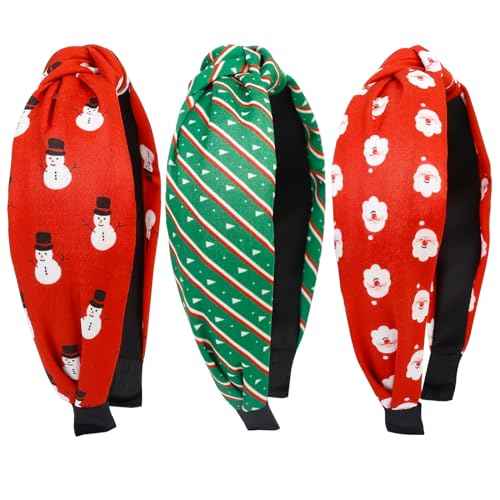 Huachi Christmas Headbands for Women Girls Holiday Knotted Head Bands Festive Top Knot Headband Red Green Hair Hoops 3PCS Christmas Gifts Hair Accessories for Women