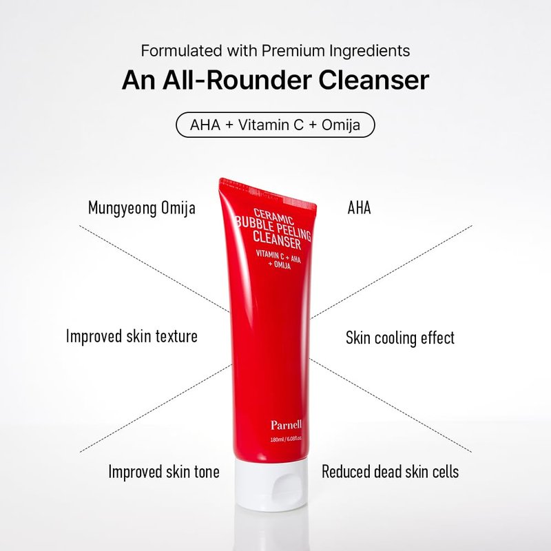 Parnell AHA Omija Ceramic Bubble Peeling Cleanser 6.08 fl oz | 2-in-1 Exfoliating & Pore Cleansing Foam | Sebum Control Gommage Texture | Smooth Clear Look K-Beauty