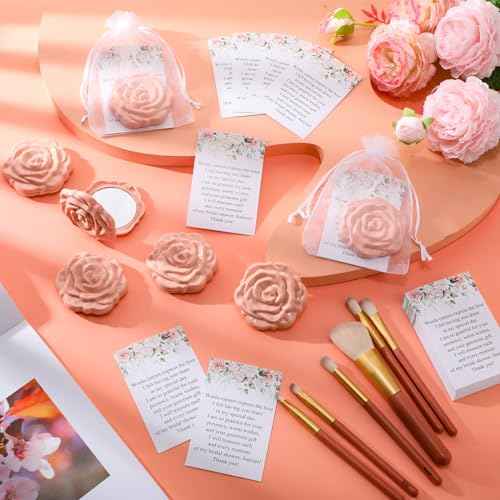 30 Sets Bridal Shower Party Favors for Guests Small Rose Compact Mirror Bulk Wedding Favors Thank You Cards and Organza Bags Wedding Party Guests Souvenir Gift (Pink Champagne)