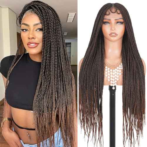 Box Braided Wig Full Double Lace Glueless Braids Wig with Baby Hair Human Hair Blended Synthetic Black Braided Wig for Black Women (1B30, 28 Inch)