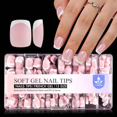Vansiho French Gel Nail Tips 600Pcs, Short Soft Gel Nail Tips, Pink French Tips Press on Nails, Fake Nails with Box for Nail Art DIY 15 Sizes