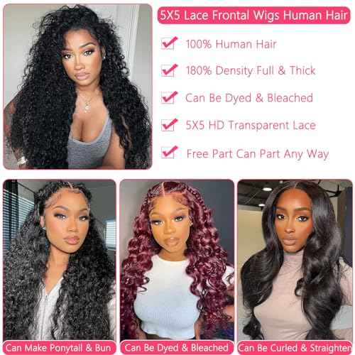 24 Inch Water Wave Lace Front Wigs Human Hair Wigs for Black Women 180% Density 5x5 HD Lace Front Glueless Wigs Human Hair Pre Plucked with Baby Hair Deep Curly Lace Frontal Human Hair Wig