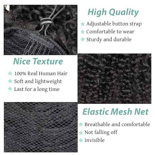 Ponytail Extension Human Hair Curly Ponytail Extension for Black Women Long Afro Puffs Hair Buns Drawstring Ponytail Human Hair (16 Inch #1B Natural Black)