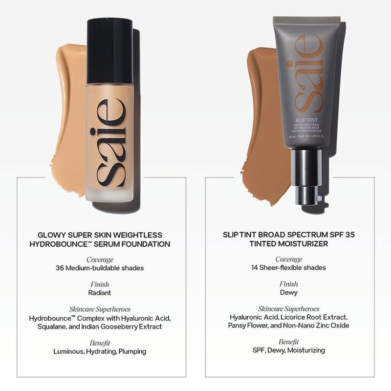 Saie Glowy Super Skin Tint Liquid Foundation - Lightweight Dewy Coverage + Hydrating Serum with Hyaluronic Acid - Shade 11 (1.01 oz)