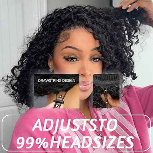 Glueless Wigs Human Hair Water Wave Half Wig Human Hair 3 In 1 Curly Half Wigs For Women Drawstring Seamless Flip 200% Density No Glue Daily Wear 16 Inch