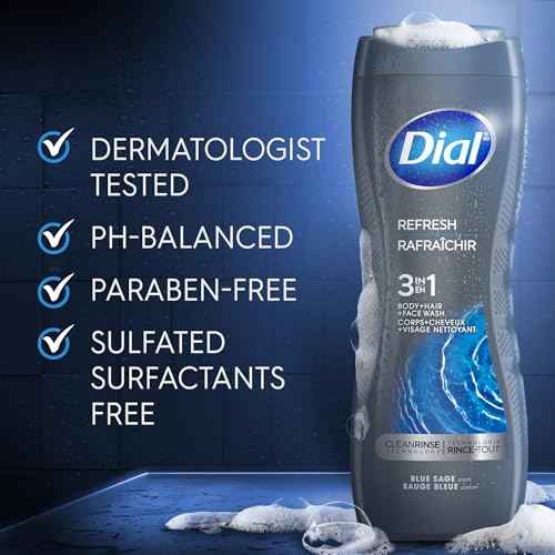 Dial Men 3 in 1 Body, Hair and Face Wash, Refresh, 16 Fl Oz (Pack of 4), Blue Sage Scent, Cleanses Deep + Gentle on Skin with Clean Rinse Technology