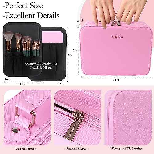 Travel Makeup Bag with Light-up Mirror Portable Cosmetic Organizer Train Case with Adjustable Dividers & Brushes Holder &1X/10X Magnifying Compact Mirror & Eyebrow Trimmer- Pink