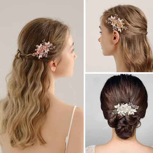 Wedding Hair Clips, Floral Rhinestone Pearl Hair Accessories for Bridal Women, Set of 3 (Rose Gold)