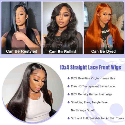 13x4 Body Wave Lace Front Wigs Human Hair Pre Plucked 180 Density HD Transparent Lace Frontal Wigs with Baby Hair Natural Hairline Gluesless Human Hair Wigs for Women Black 26 Inch