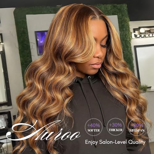 Honey Blonde Highlight Body Wave Closure Human Hair 12 inch, Ombre 4x4 Transparent Lace Closure Frontal Pre Plucked with Baby Hair Brazilian 12A Unprocessed Virgin Remy 4/27 Wavy Closure Sew In