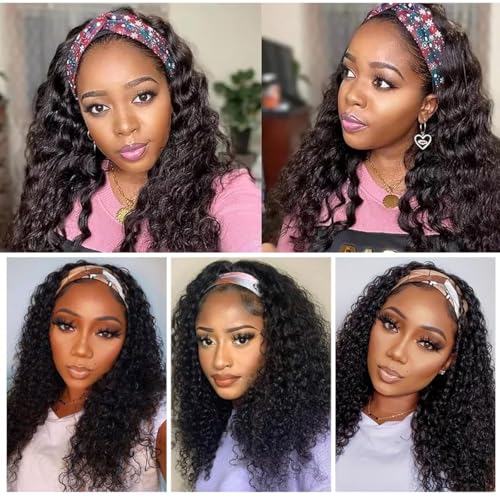 Headband Wig Human Hair Water Wave None Lace Front Glueless Curly Wig With Pre-Attached Scarf For Black Women Put And Go Wig Natural Beginner-Friendly 14 Inch