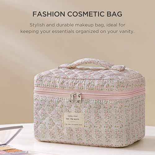 HBselect Quilted Makeup Bag, Cotton Large Travel Makeup Bag, Cute Streaks Floral Coquette Cosmetic Bags Toiletry Bags for Women Girls