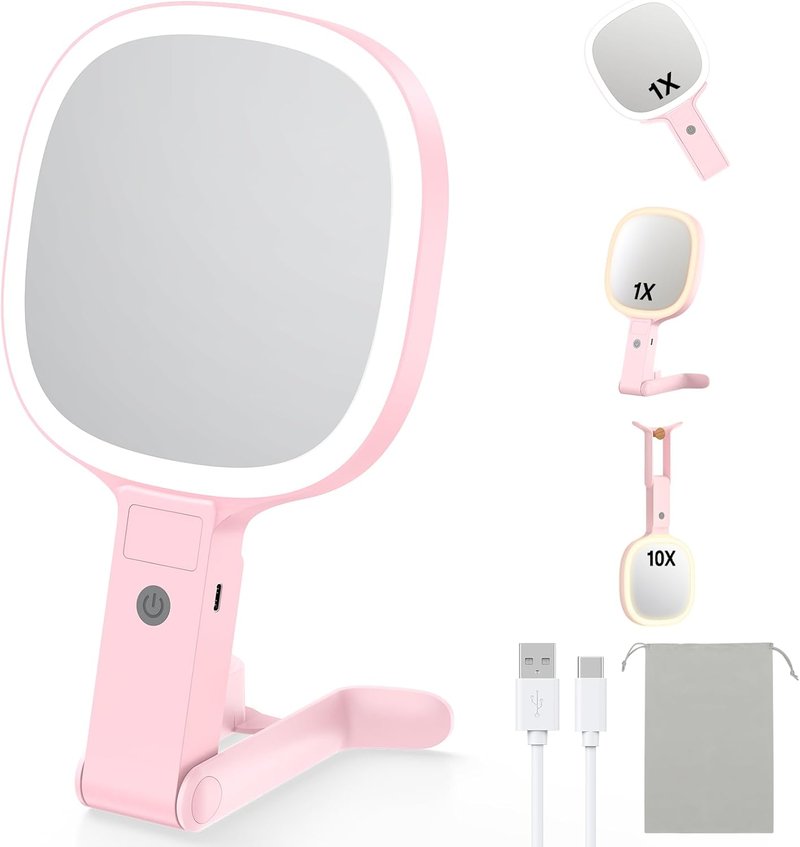 Gospire Travel Vanity Mirror - 6.8" 3-in-1 Dual-Sided LED, 1X/10X Magnification | Pink Velvet Pouch