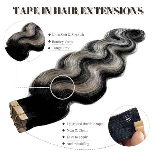 Tape in Hair Extensions Human Hair 26 Inch Body Wave Natural Black Hair Balayage Silver Grey Highlights Hair Extensions Real Human Hair Tape ins for Black Women 20 PCS Double Sided Tape Hair 50G