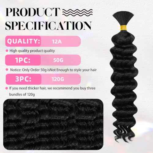 16 Inch Deep Wave Human Braiding Hair for Boho Braids ? 120g 3 Bundles/Pack Natural Black 100% Unprocessed 12A Brazilian Virgin Human Hair Bulk, No Weft, Wet & Wavy Curly Extensions
