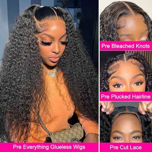 Hidden Strap Deep Wave 5x5 HD Lace Closure Wigs Human Hair Invisible Strap Pre Plucked Pre Cut Bleached Konts Glueless Wigs Human Hair 180% Denisty Deep Curly Closure Wigs with Drawstring 22 inch