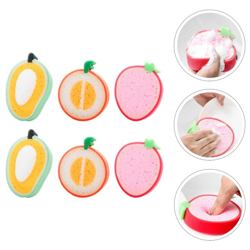 Beaupretty Fruit Bath Sponge Set for Babies Toddlers - Thickened Soft Shower Sponges with Fruit Shapes for Gentle Exfoliating and Travel Bathing Tools 6Pcs 5.90X4.52X1.18In