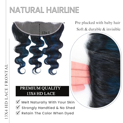 ALHER #1B/BlueBody Wave 13x4 Lace Frontal Human Hair, Black Mix Blue HD Transparent Lace Frontal Closure Ear to Ear 100% Virgin Remy Human Hair for Black Women 150% Density 16 Inch