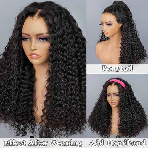 Glueless Wigs Human Hair Water Wave Wigs for Black Women Human Hair 3 in 1 Half Wig with Drawstring Seamless Clip Ins Flip over No Lace Wigs Wet and Wavy 22 Inch
