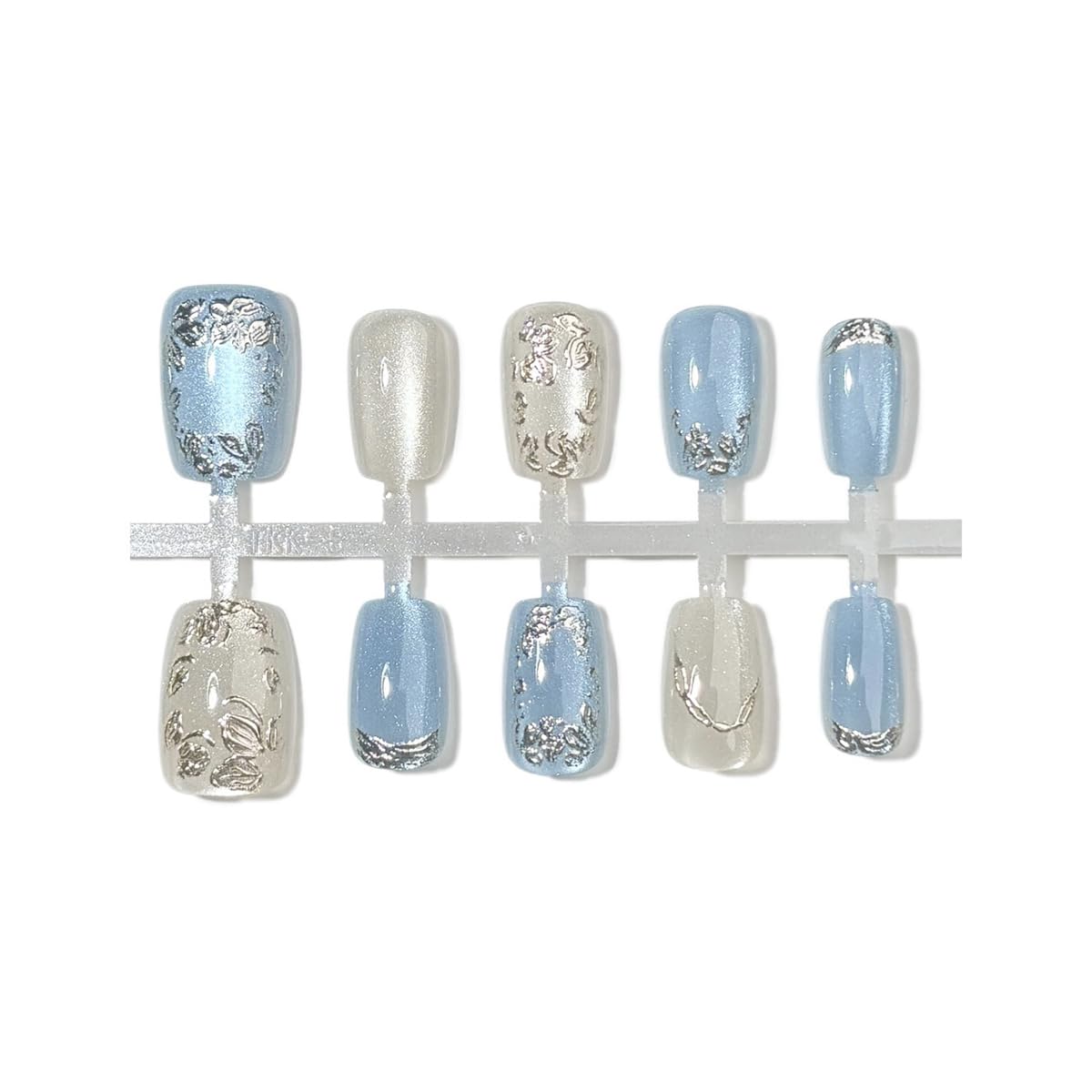 Square Press-On Nails - Short 3D Floral Glitter Design | Glossy Blue French Full Cover - 30 Pcs