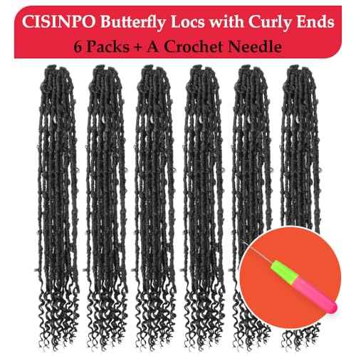 Butterfly Locs Crochet Hair with Curly Ends 30 Inch, 6 Packs Boho Distressed Locs Hair Extensions, Bohemian Goddess Faux Butterfly Braids Can be Used for Wigs (1B, Natural Black)