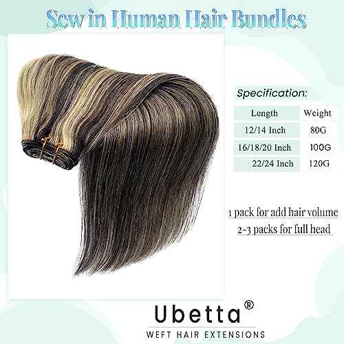Sew in Hair Extensions Real Human Hair, 20 Inch 100G Weft Hair Extensions Human Hair Bundles Natural Black to Blonde Highlights Hair Extensions Real Human Hair Weft Weave Bundles for Women