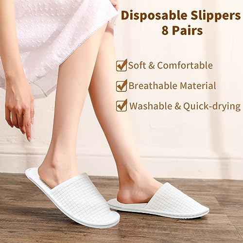 Disposable Slippers for Guests, 8 Pairs Coral Fleece Non Slip Hotel Slippers, Unisex, Washable Reusable for Hotel, Guest, Travel, Bride, Women