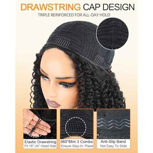 ?Kinky Curly Half Wig Human Hair With Drawstring 200% Density, Seamless 3 In 1 Flip Over Afro Kinky Curly Wig Human Hair Glueless Wear and Go Headband Curly Half Wigs for Black Women 18 Inch