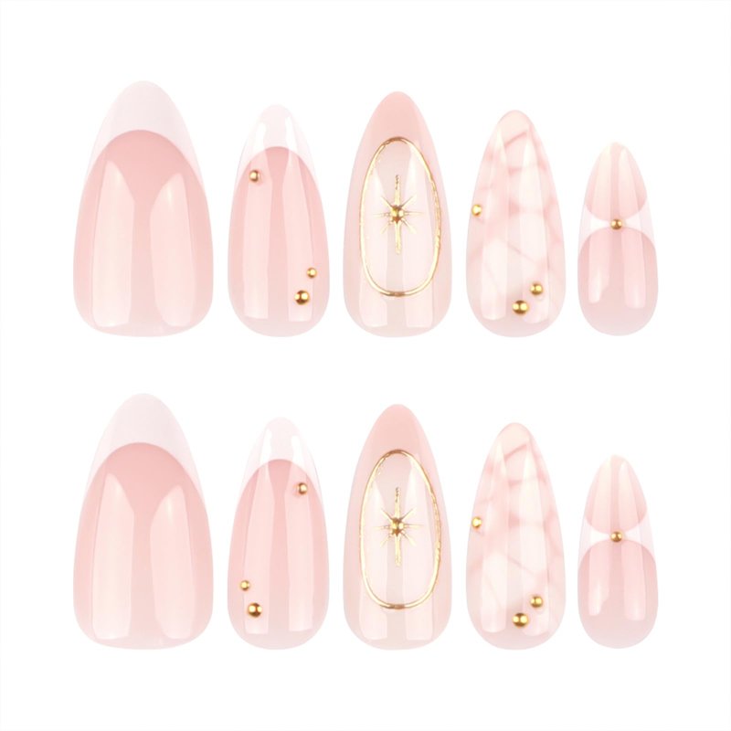 Mivota French Press On Nails Almond Medium, Fall Fake Nails Adorned with White Petal Accents and 3D Gold Lines Design, Glossy Gel Finish Acrylic Nails, Reusable Glue On Nails for Women, 24Pcs