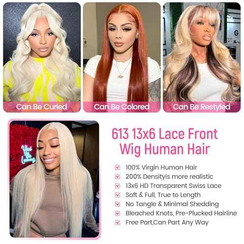 613 Lace Front Wig Human Hair 200 Density 13x6 Blonde Wig Human Hair 613 Straight HD Lace Front Wigs Human Hair Pre Plucked Blonde Wig for Women (20inch)