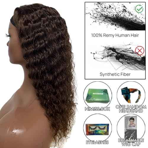 Chocolate Brown Headband Wig Human Hair Deep Wave Human Hair Wigs for Black Women 20 Inch Curly Headband Wig Glueless None Lace Front Brazilian Virgin Hair Wear and Go 150% Density