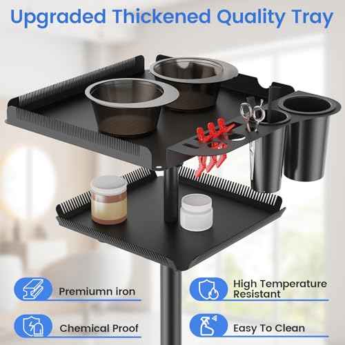Rolling Salon Tray on Wheels with Braiding Hair Platform, Metal Salons Tray Cart with 2 Magnetic Bowls, Hairstylist Tray for Salon Station, Height Adjustable Salons Trolley Cart for Salon&Spa Use