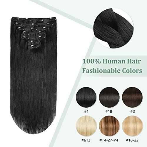 Hair Extensions Real Human Hair 16 inch 120g Jet Black Hair Extensions Clip in Human Hair Straight Real Hair Extensions (16inch,7pcs,120g)
