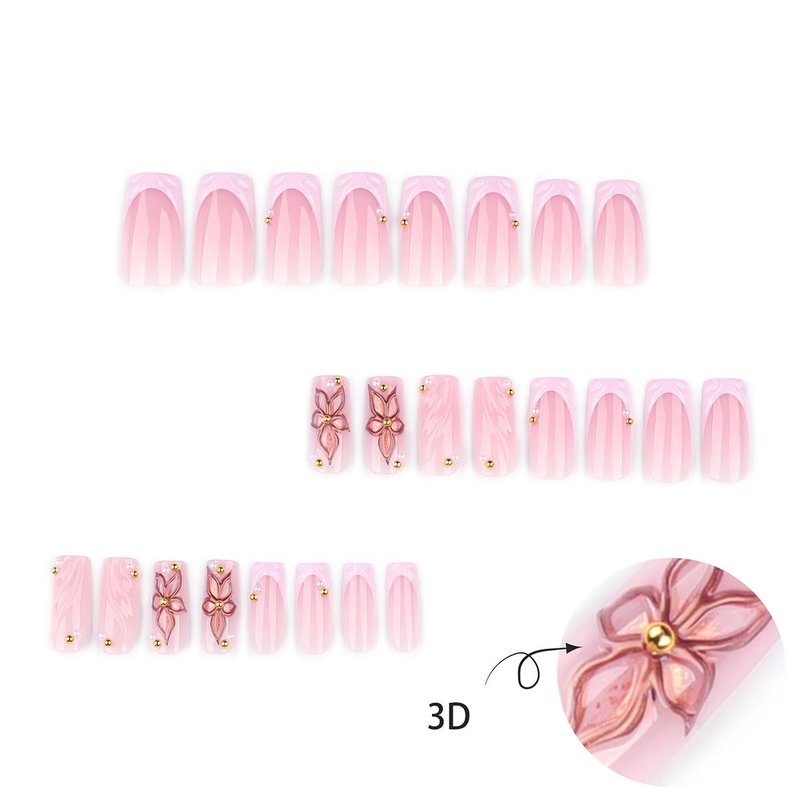 Gold Flower Press-On Nails - Medium Square French Tip with Pink Glossy Finish | 24 Pcs Acrylic Coffin Nails