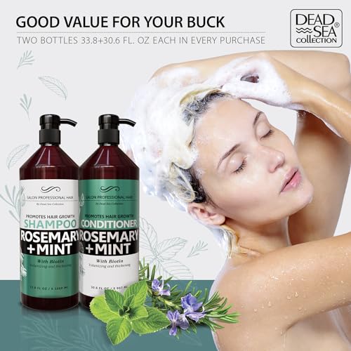 Dead Sea Collection Shampoo and Conditioner Set for Strengthening and Volume - Pure Dead Sea Minerals, Rosemary and Mint ? Hair Care - Nutrition, Repair and Shine - Pack of 2 (33.8 & 30.6 Fl. Oz)