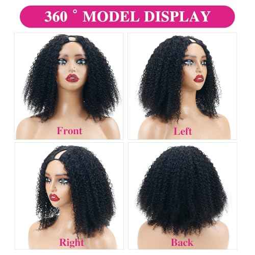 Glueless V Part Wigs Human Hair Afro Kinky Curly Upgrade U Part Human Hair Wigs for Black Women Kinky Curly Bob Pixie Cut Wig Full Head Clip In Half Wig No Leave Out 200% Density 14 Inch